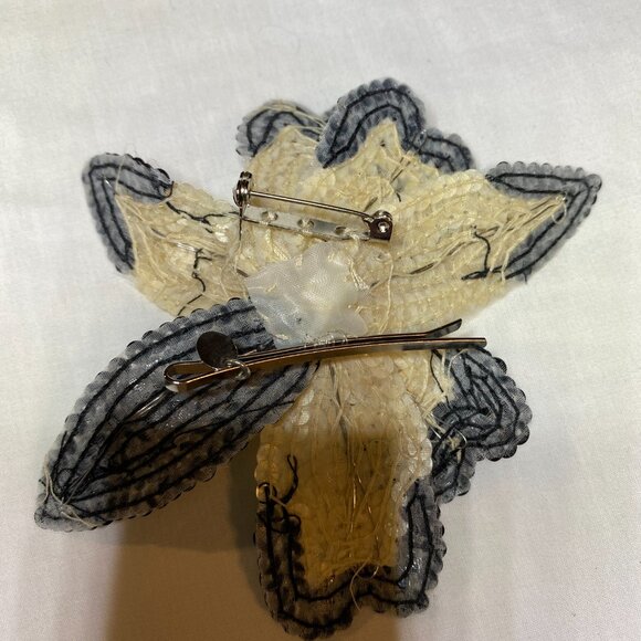 EVE REID Vintage 80s Black Gold Sequin Flower Convertible Pin & Hair Barrette - Picture 8 of 14